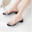 New women's shoes rhinestone pearl transparent word sandals fairy style thick heel open toe slippers