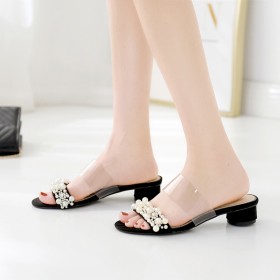 New women's shoes rhinestone pearl transparent word sandals fairy style thick heel open toe slippers