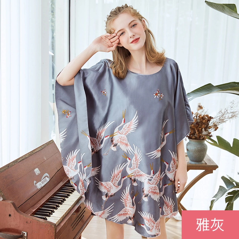 Yaoting large version of silk pajamas ladies summer bat sleeve nightdress female summer plus size home service DP1335