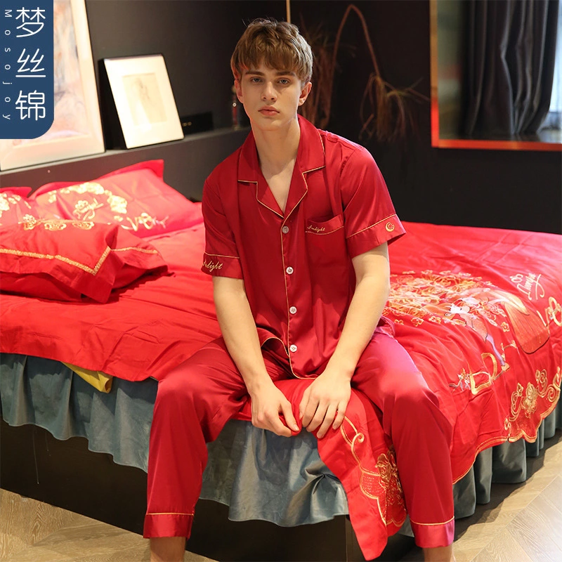 New spring and summer autumn male and female couple simulation silk pajamas silk short sleeve shorts home service suit