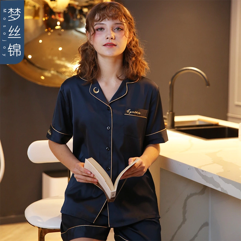 New spring and summer autumn male and female couple simulation silk pajamas silk short sleeve shorts home service suit