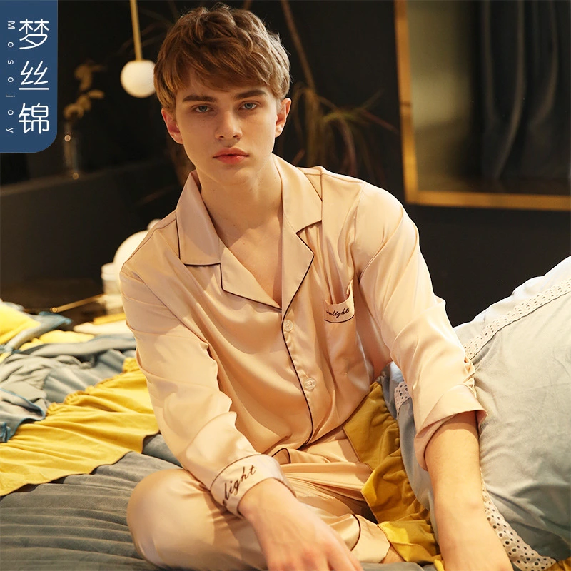New spring and summer autumn male and female couple simulation silk pajamas silk short sleeve shorts home service suit