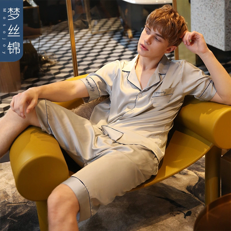 New spring and summer autumn male and female couple simulation silk pajamas silk short sleeve shorts home service suit