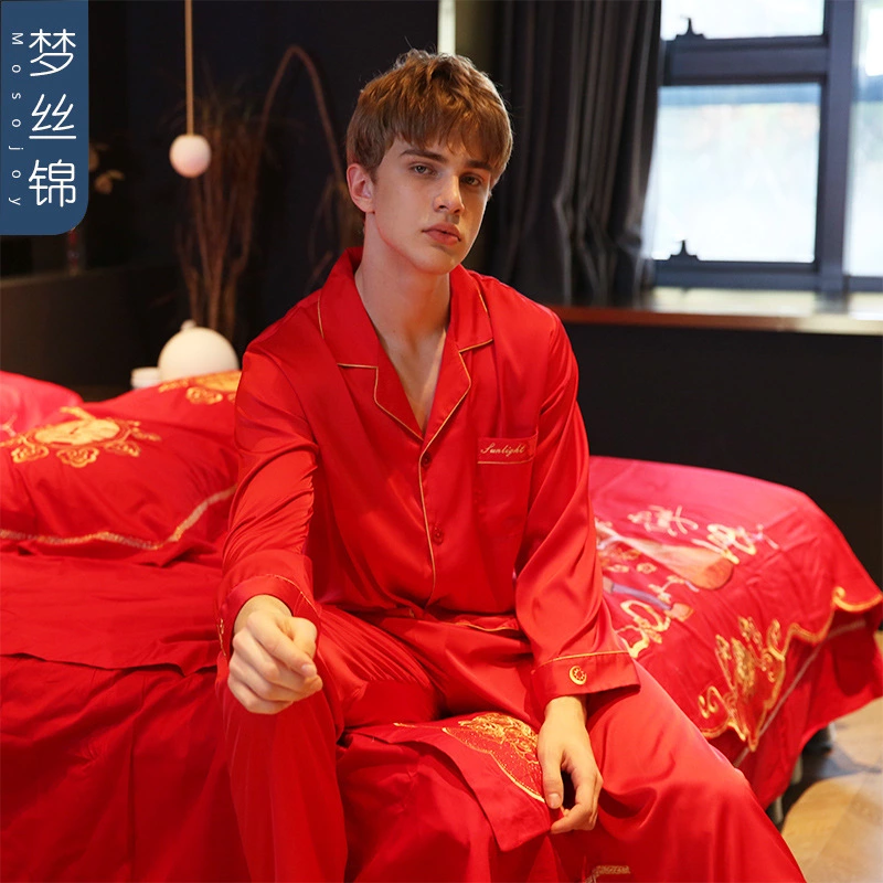 New spring and summer autumn male and female couple simulation silk pajamas silk short sleeve shorts home service suit