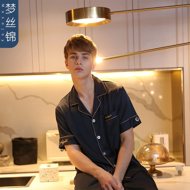 New spring and summer autumn male and female couple simulation silk pajamas silk short sleeve shorts home service suit