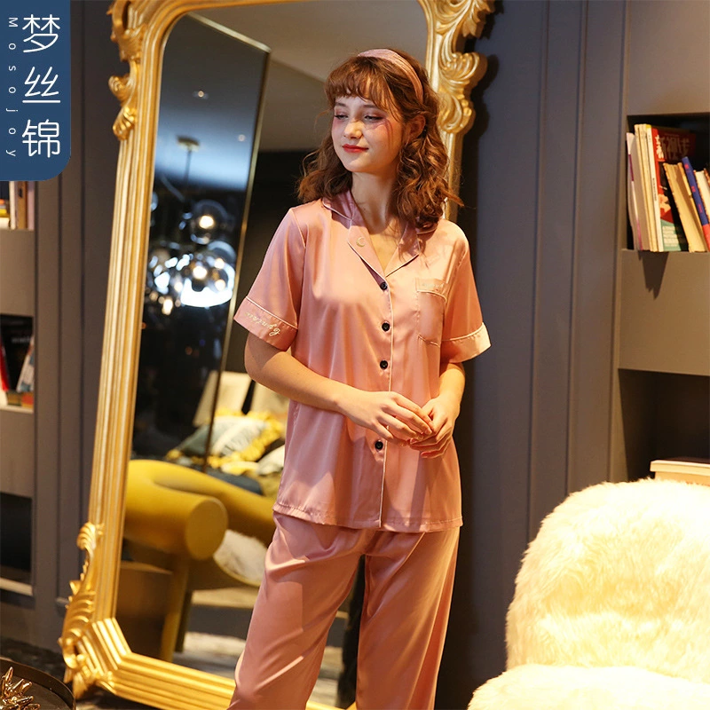 New spring and summer autumn male and female couple simulation silk pajamas silk short sleeve shorts home service suit