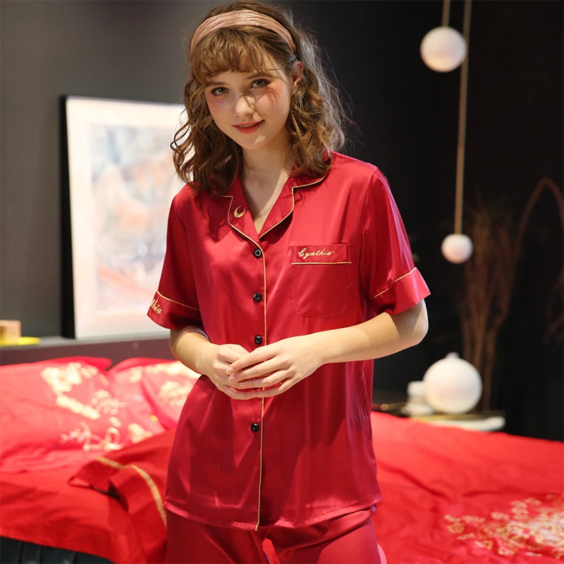 New spring and summer autumn male and female couple simulation silk pajamas silk short sleeve shorts home service suit