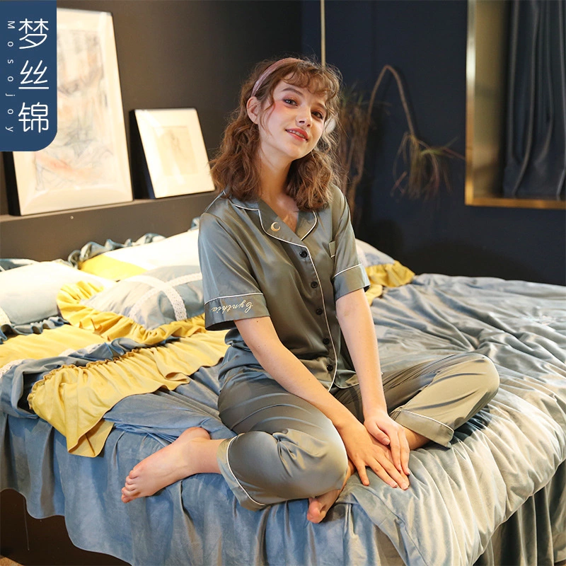 New spring and summer autumn male and female couple simulation silk pajamas silk short sleeve shorts home service suit