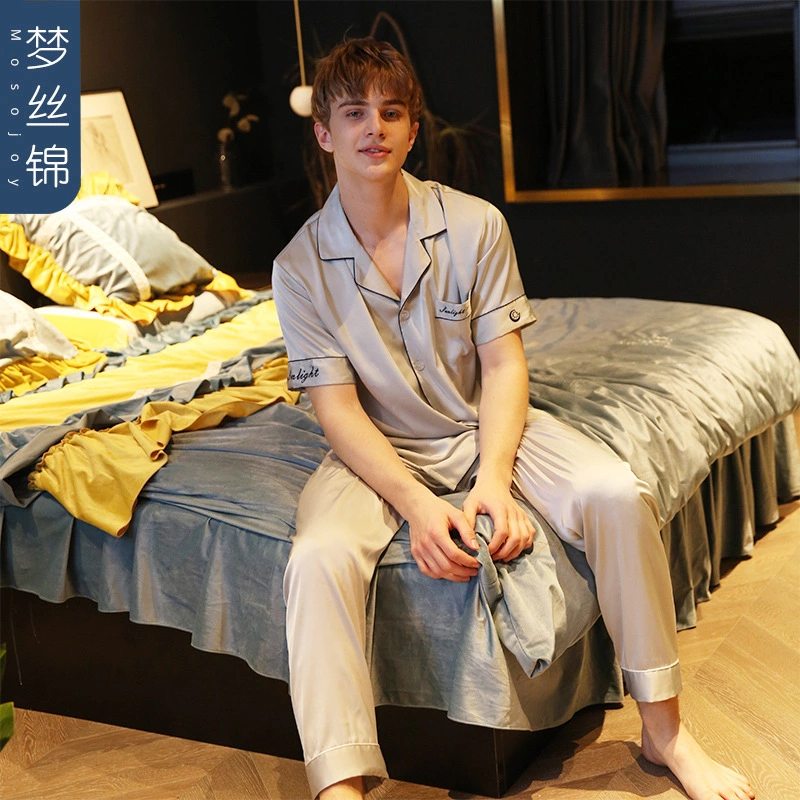 New spring and summer autumn male and female couple simulation silk pajamas silk short sleeve shorts home service suit