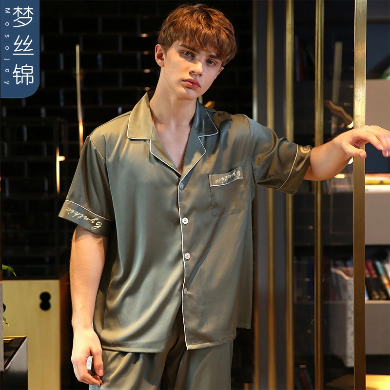 New spring and summer autumn male and female couple simulation silk pajamas silk short sleeve shorts home service suit