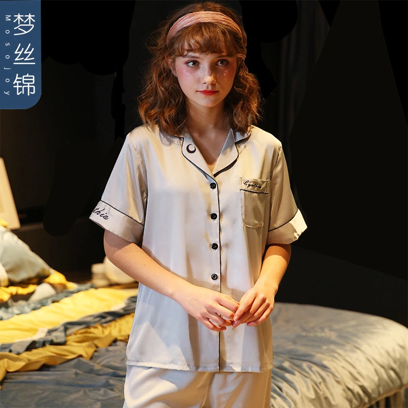 New spring and summer autumn male and female couple simulation silk pajamas silk short sleeve shorts home service suit