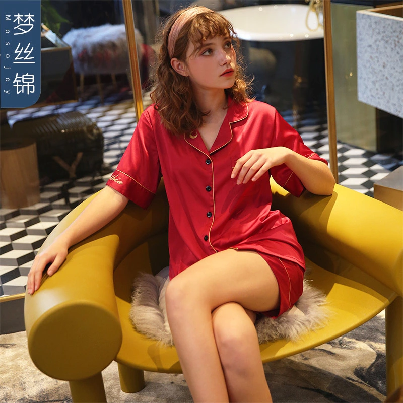 New spring and summer autumn male and female couple simulation silk pajamas silk short sleeve shorts home service suit