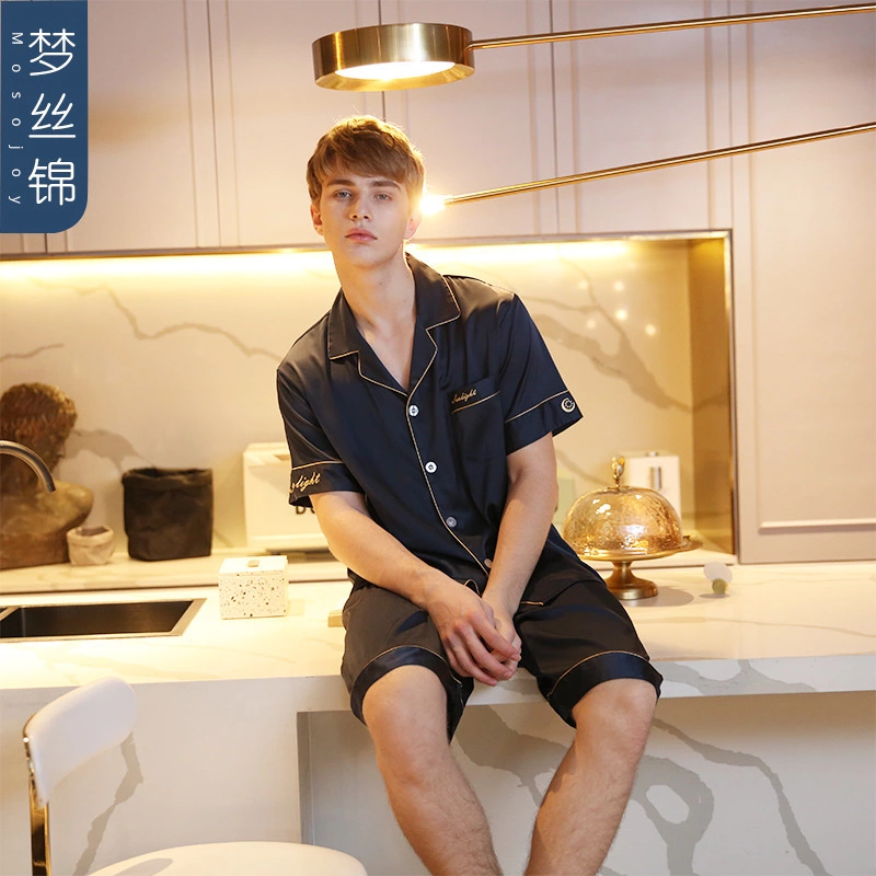 New spring and summer autumn male and female couple simulation silk pajamas silk short sleeve shorts home service suit