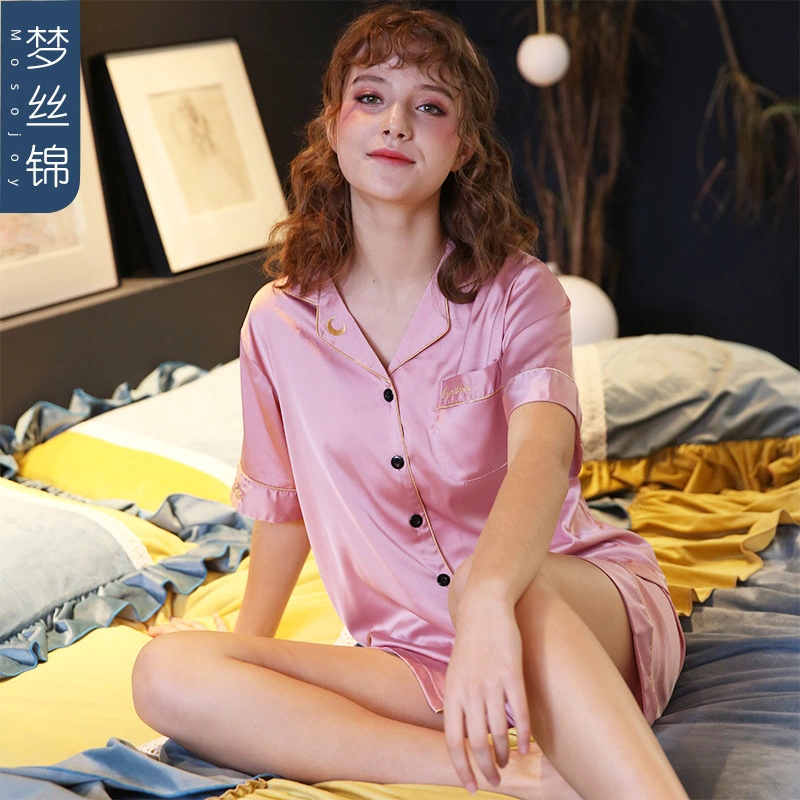 New spring and summer autumn male and female couple simulation silk pajamas silk short sleeve shorts home service suit