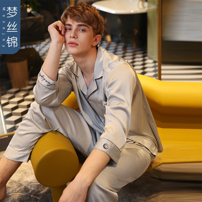 New spring and summer autumn male and female couple simulation silk pajamas silk short sleeve shorts home service suit
