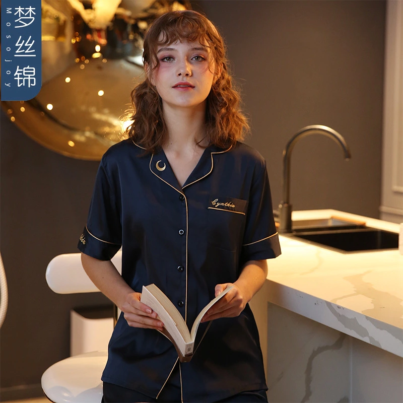 New spring and summer autumn male and female couple simulation silk pajamas silk short sleeve shorts home service suit