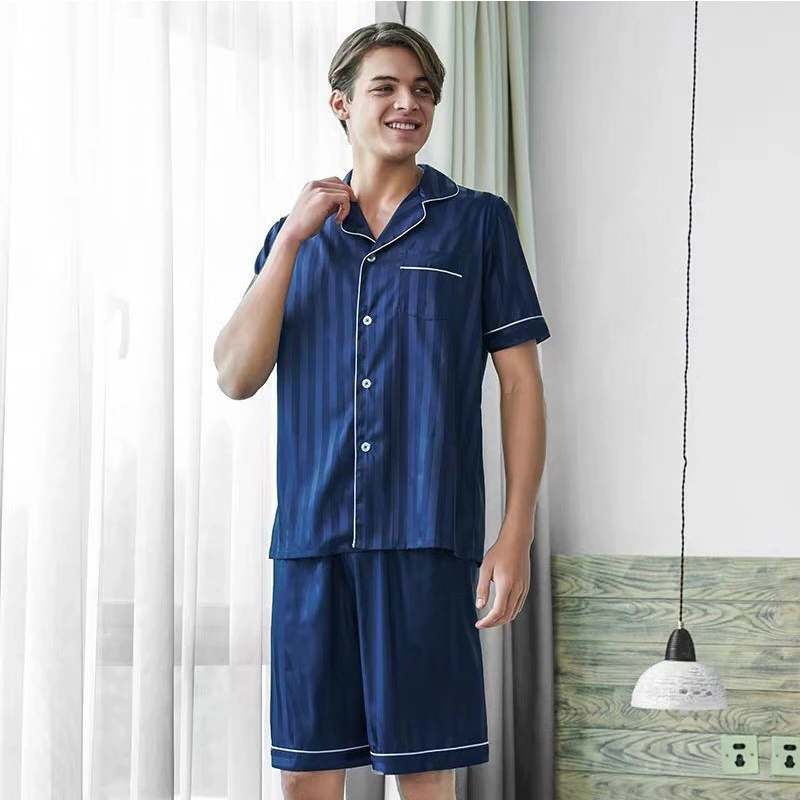 New silk couple pajamas men's summer and spring simulation silk female short sleeve shorts suit Korean version of home service