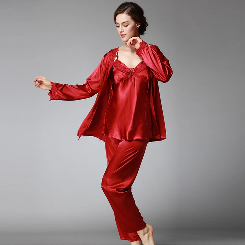 Simulation silk pajamas ladies autumn long-sleeved trousers three-piece suit large size home service summer summer models spring autumn winter YT