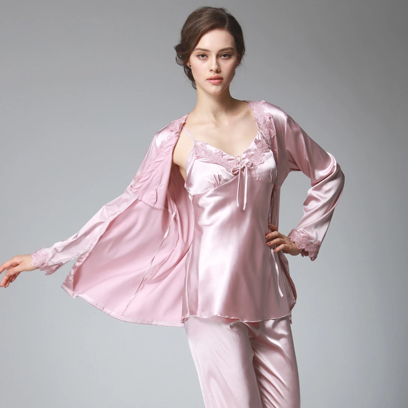 Simulation silk pajamas ladies autumn long-sleeved trousers three-piece suit large size home service summer summer models spring autumn winter YT