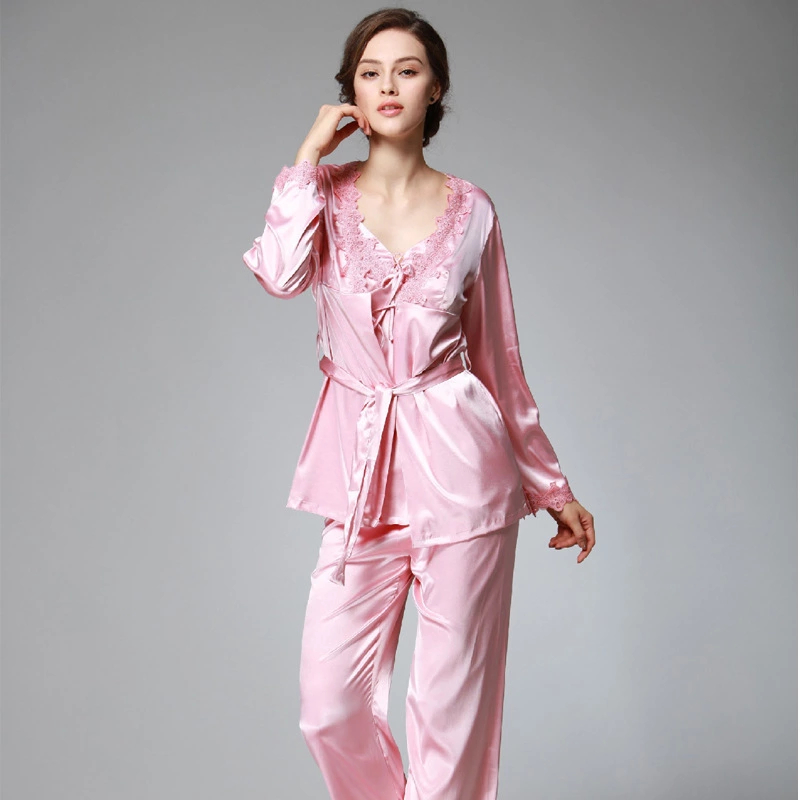 Simulation silk pajamas ladies autumn long-sleeved trousers three-piece suit large size home service summer summer models spring autumn winter YT