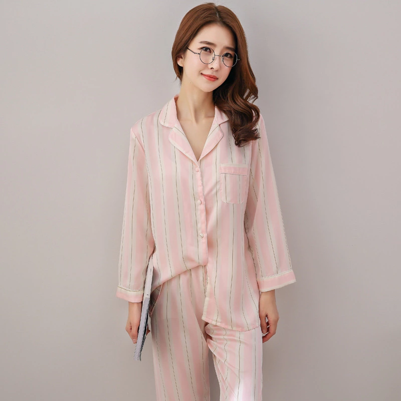 Spring and summer summer Korean women's pajamas two-piece suit long-sleeved artificial silk cardigan lapel home clothing can be worn outside