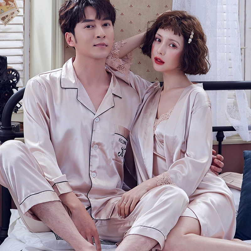 Lovers pajamas ladies summer Korean ice silk strap nightdress spring and autumn summer short sleeve trousers two-piece suit XA