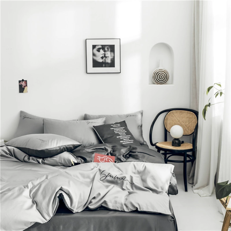 60 pieces of long-staple cotton solid color double fight embroidery four-piece set simple European cotton kit pure cotton bedding
