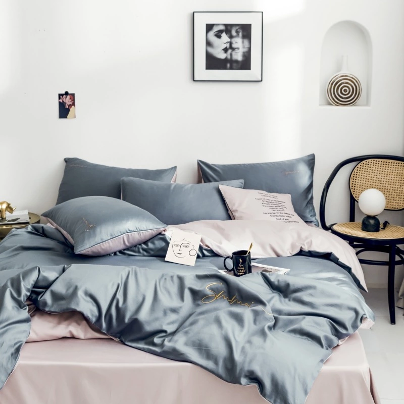 60 pieces of long-staple cotton solid color double fight embroidery four-piece set simple European cotton kit pure cotton bedding