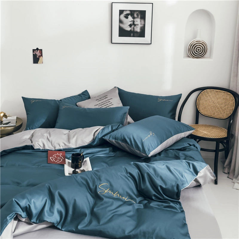 60 pieces of long-staple cotton solid color double fight embroidery four-piece set simple European cotton kit pure cotton bedding