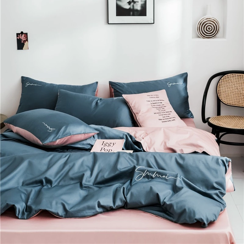 60 pieces of long-staple cotton solid color double fight embroidery four-piece set simple European cotton kit pure cotton bedding