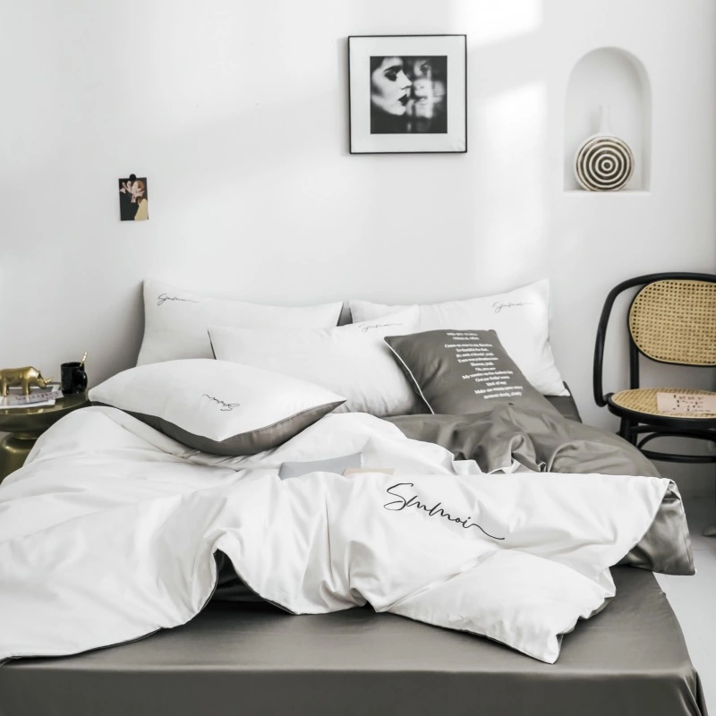60 pieces of long-staple cotton solid color double fight embroidery four-piece set simple European cotton kit pure cotton bedding