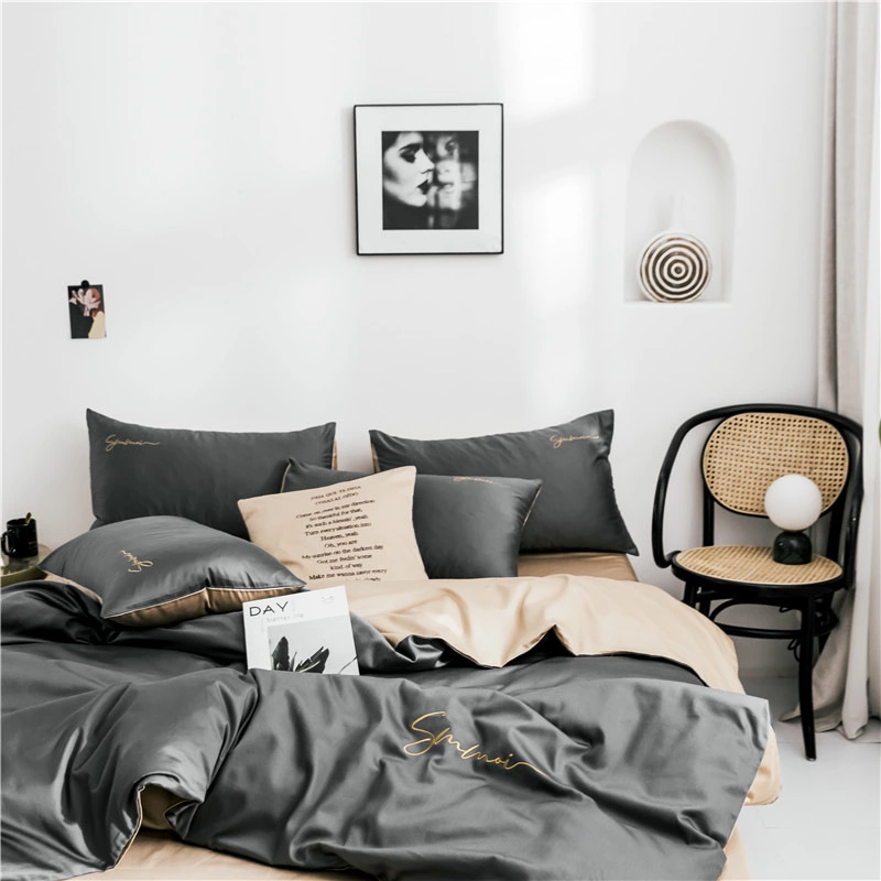 60 pieces of long-staple cotton solid color double fight embroidery four-piece set simple European cotton kit pure cotton bedding