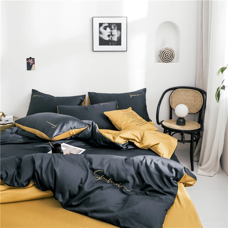 60 pieces of long-staple cotton solid color double fight embroidery four-piece set simple European cotton kit pure cotton bedding