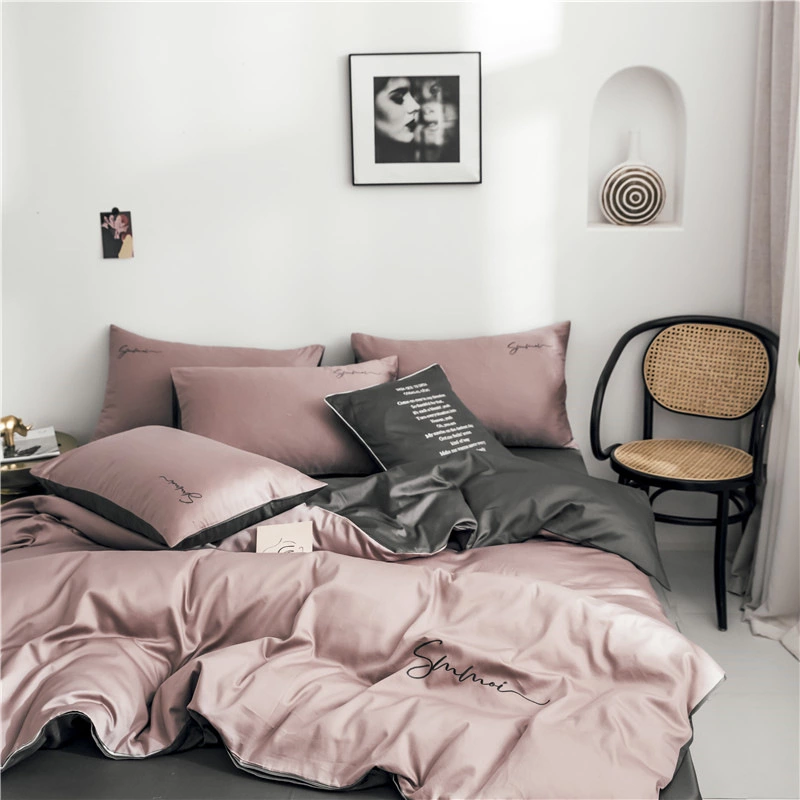 60 pieces of long-staple cotton solid color double fight embroidery four-piece set simple European cotton kit pure cotton bedding