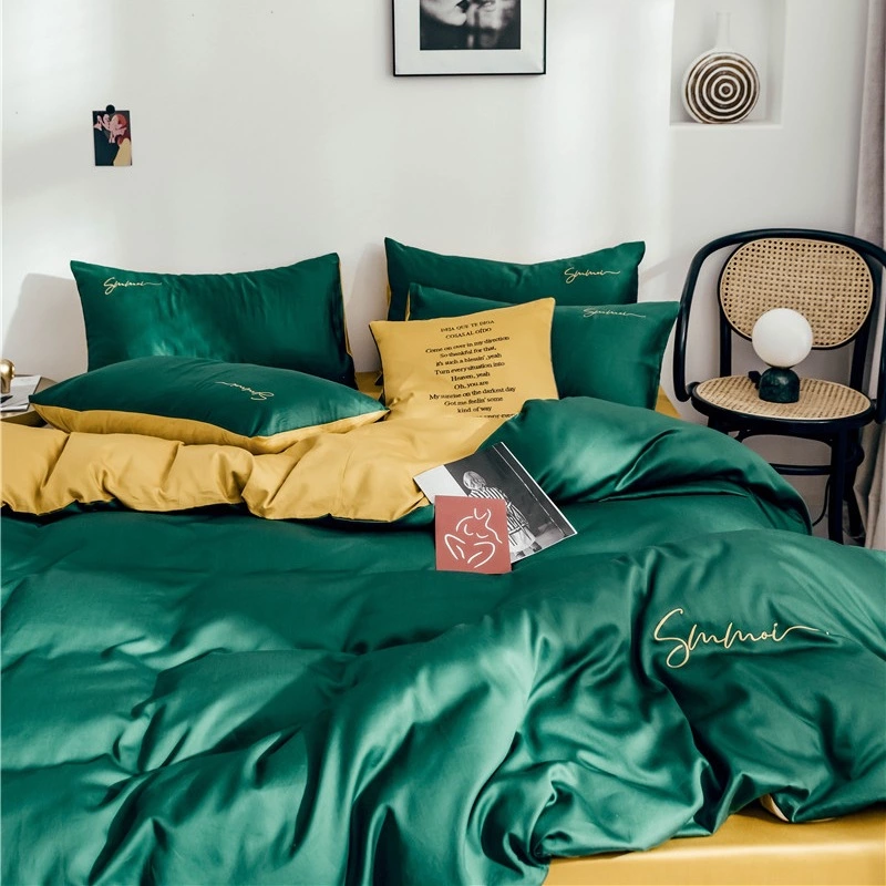 60 pieces of long-staple cotton solid color double fight embroidery four-piece set simple European cotton kit pure cotton bedding