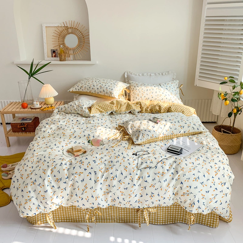 Retro lace girl small floral bed cotton four-piece set of student dormitory three-piece quilt cover