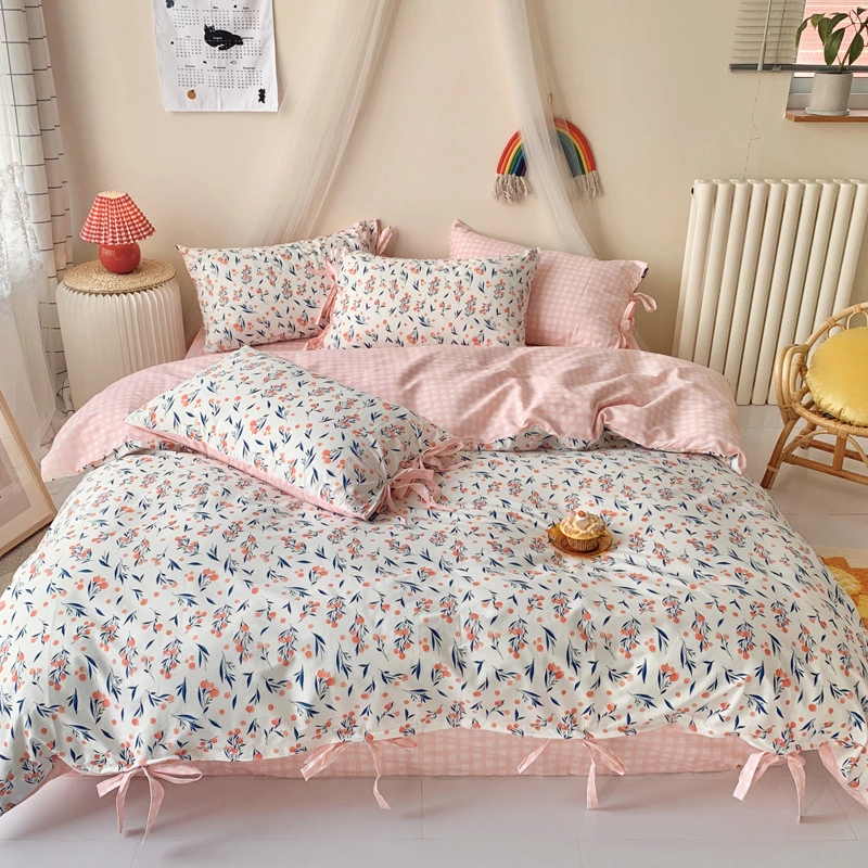 Retro lace girl small floral bed cotton four-piece set of student dormitory three-piece quilt cover