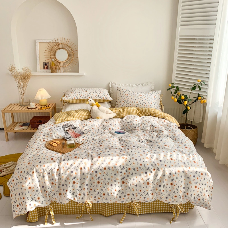 Retro lace girl small floral bed cotton four-piece set of student dormitory three-piece quilt cover