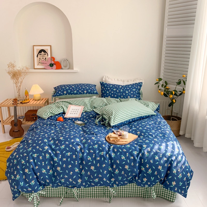 Retro lace girl small floral bed cotton four-piece set of student dormitory three-piece quilt cover