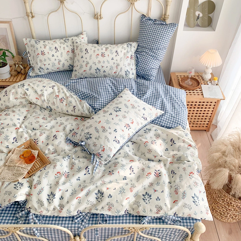 Retro lace girl small floral bed cotton four-piece set of student dormitory three-piece quilt cover