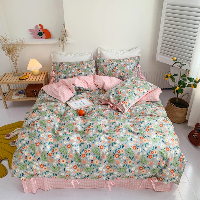 Retro lace girl small floral bed cotton four-piece set of student dormitory three-piece quilt cover