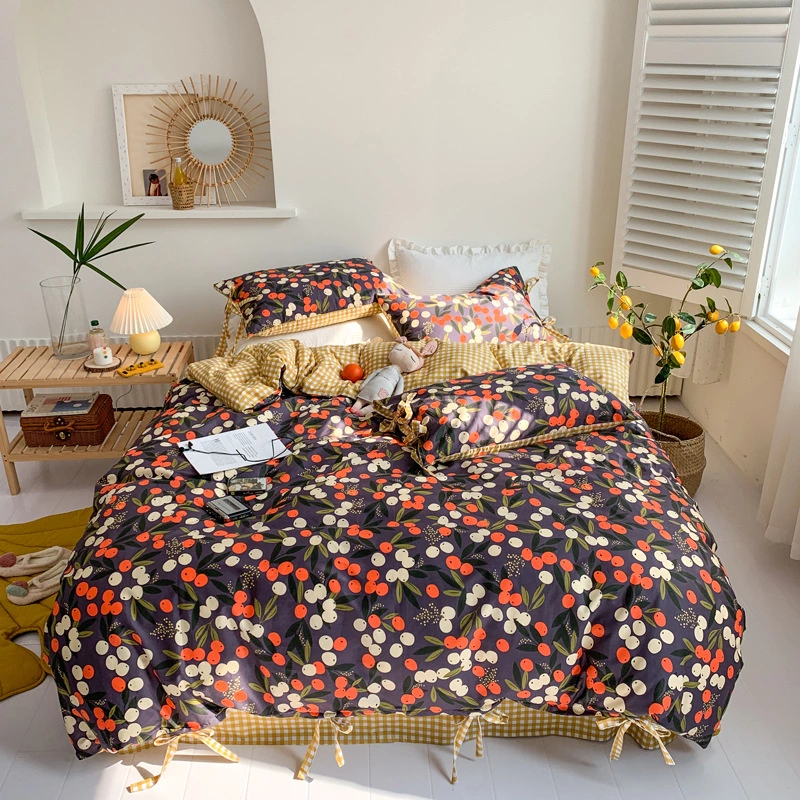 Retro lace girl small floral bed cotton four-piece set of student dormitory three-piece quilt cover