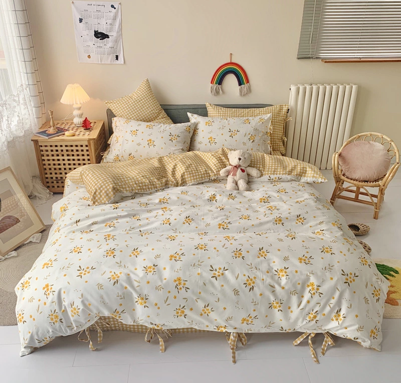 Retro lace girl small floral bed cotton four-piece set of student dormitory three-piece quilt cover