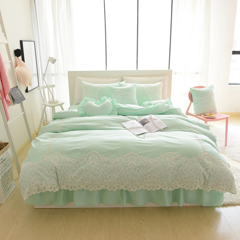 Cotton Korean Princess Princess Skirt Four Piece Suite Solid Color Romantic Lace Quilt Sheet Bedding