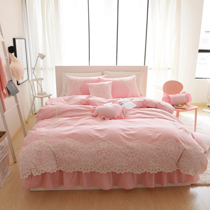 Cotton Korean Princess Princess Skirt Four Piece Suite Solid Color Romantic Lace Quilt Sheet Bedding