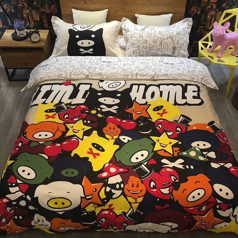 Cartoon tide brand bedding cotton pig printing active fashion cotton four-piece suit