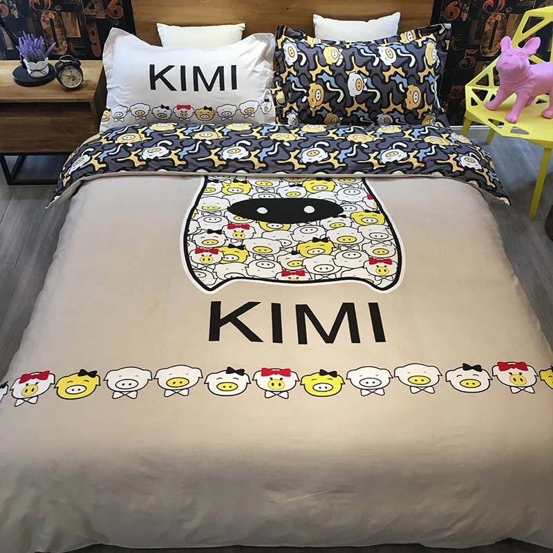 Cartoon tide brand bedding cotton pig printing active fashion cotton four-piece suit