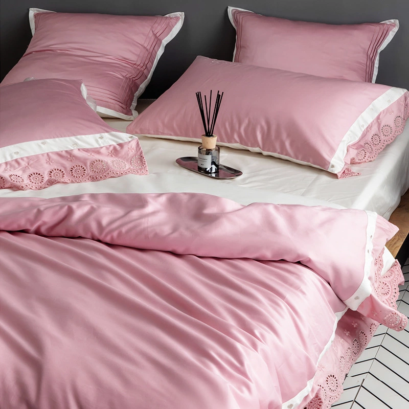 Pink Hollow Lace Solid Color 60 Long-staple Cotton Embroidery Four-Piece Simple Cotton Plain Plain Double Bedding