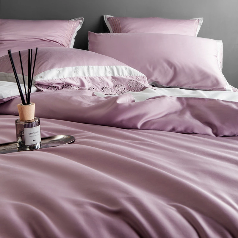 Pink Hollow Lace Solid Color 60 Long-staple Cotton Embroidery Four-Piece Simple Cotton Plain Plain Double Bedding