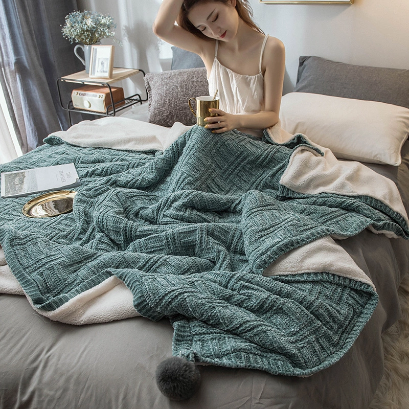 Autumn and winter chenille knitted lamb down blanket solid color sofa cover blanket shawl thickened double warm quilt cover blanket
